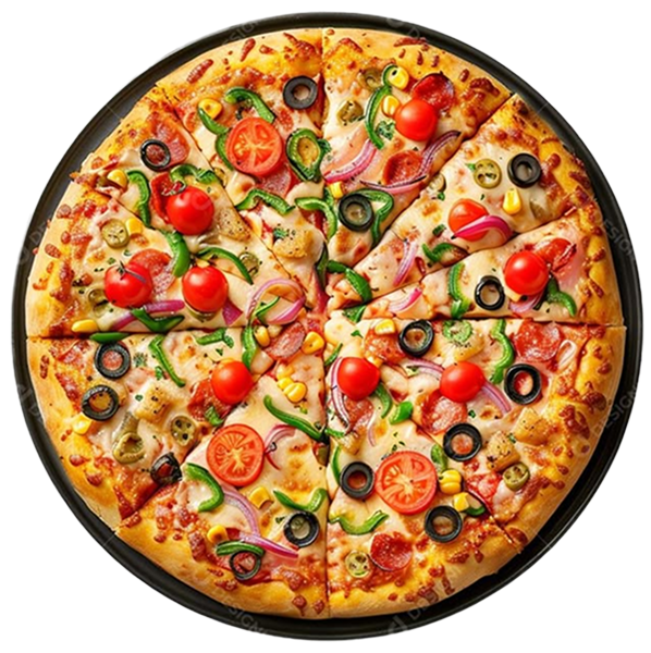 Colorful pizza with various toppings on a black pan