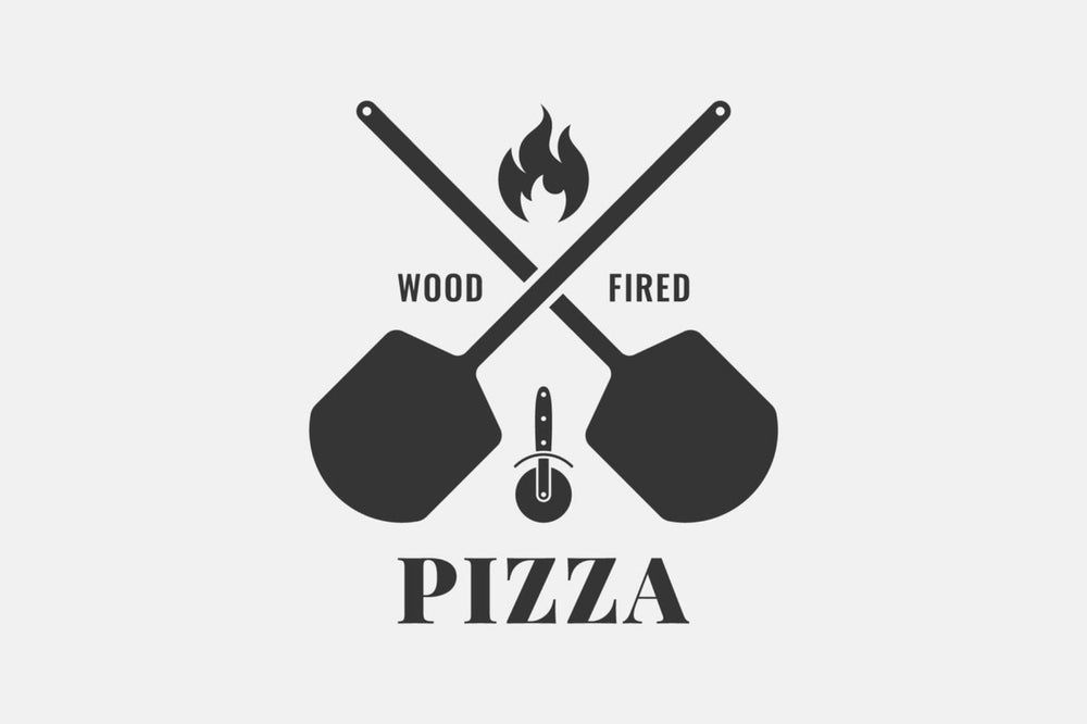Wood-fired pizza logo with crossed pizza peel and spatula on a white background