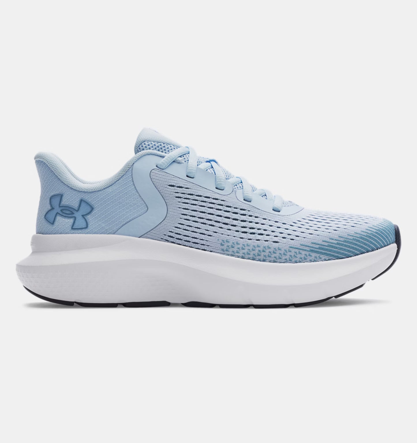 Light blue running shoe with white sole on a light gray background