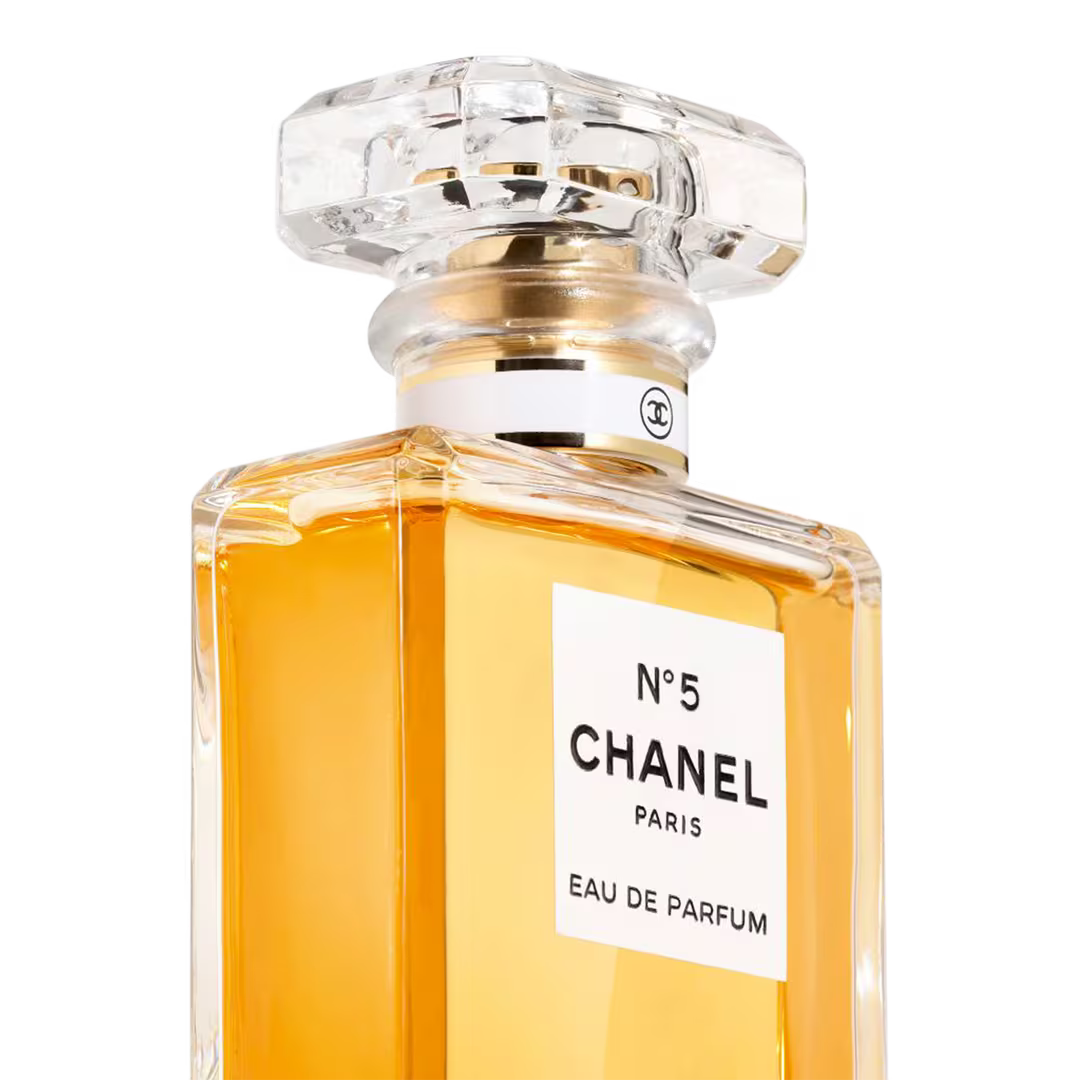 Chanel No. 5 perfume bottle on a white background