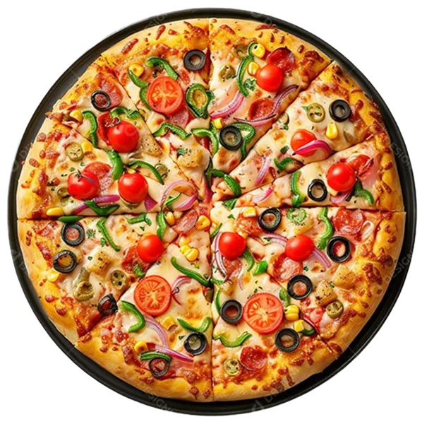 Colorful pizza with various toppings on a black pan