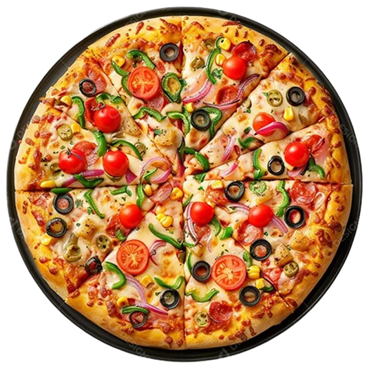 Colorful pizza with various toppings on a black pan