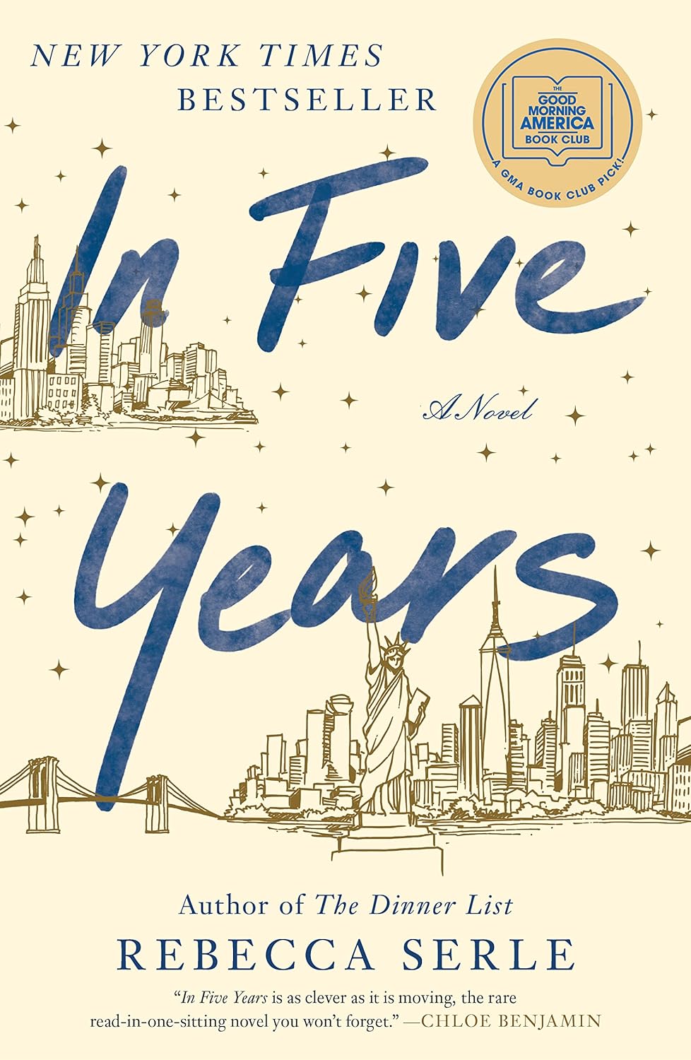 Book cover of 'In Five Years' by Rebecca Serle with a city skyline illustration.