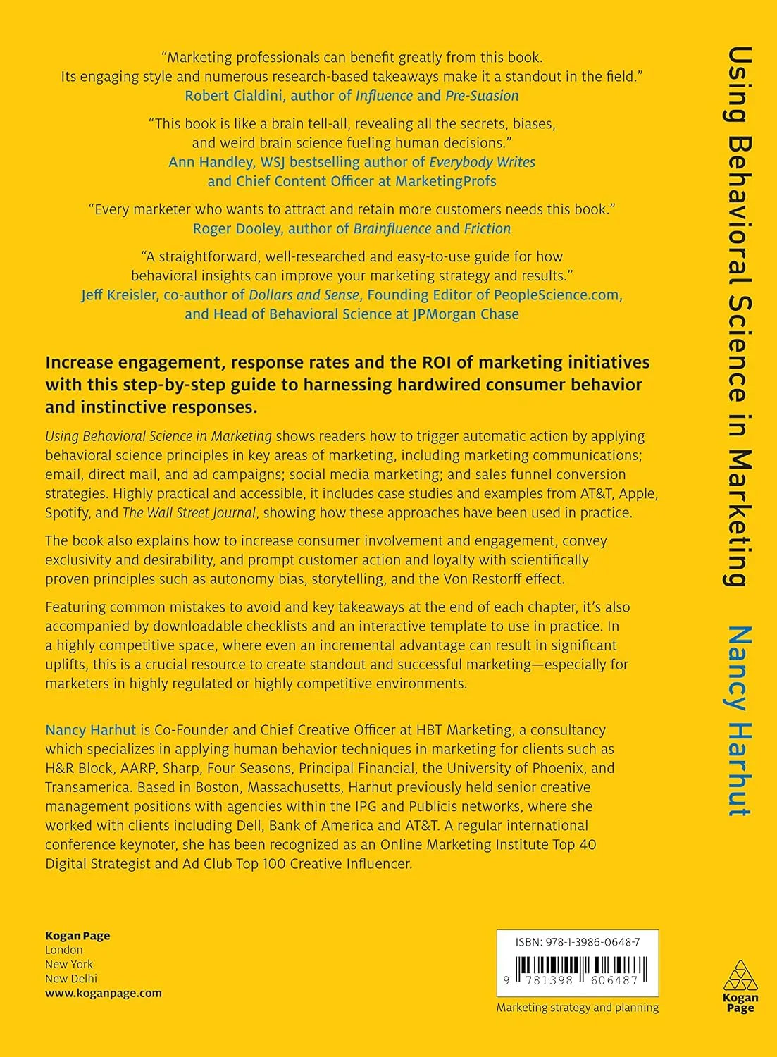 Back cover of a book titled 'Using Behavioral Science in Marketing' with text and branding elements.