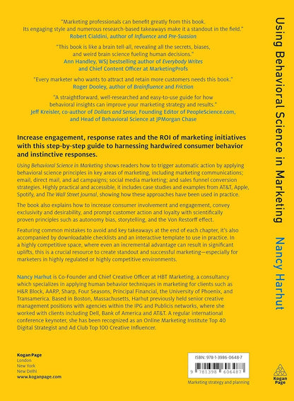 Back cover of a book titled 'Using Behavioral Science in Marketing' with text and branding elements.