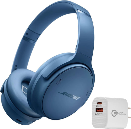 Blue Bose headphones with a white charging adapter on a white background