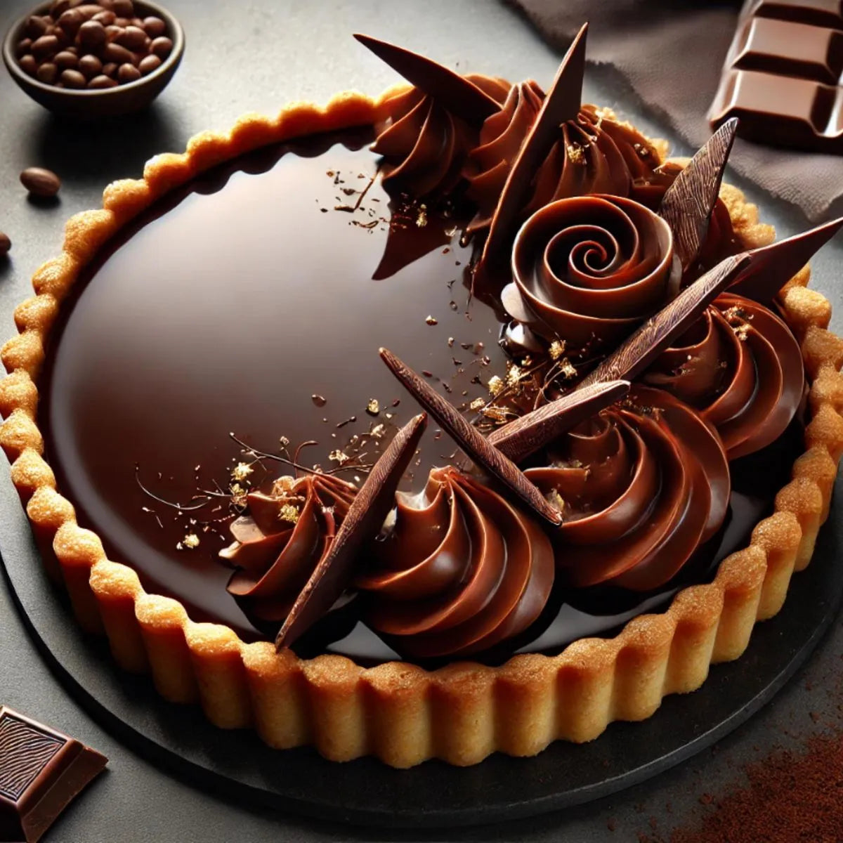 Chocolate tart with decorative elements on a dark surface