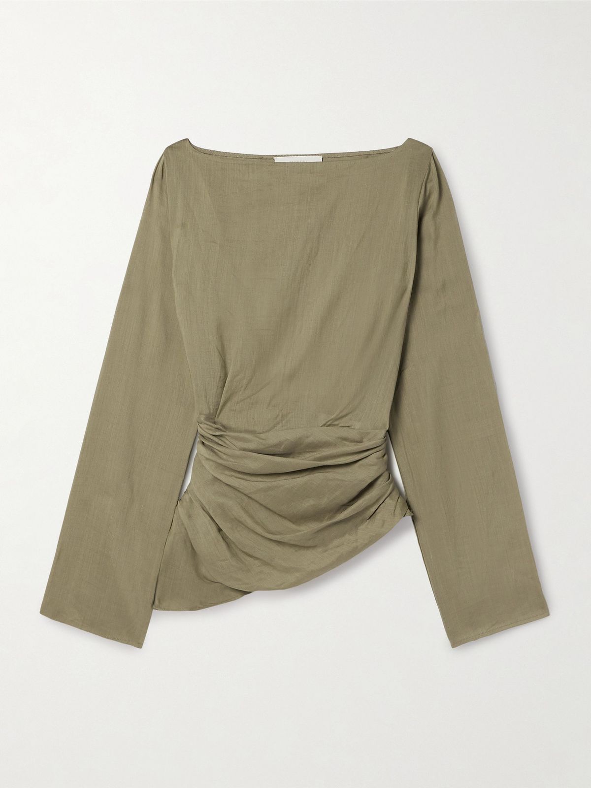 Green gathered draped highneck top