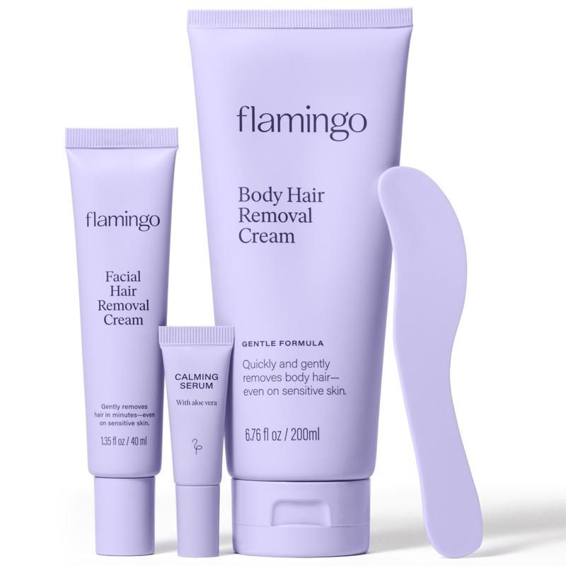 Set of Flamingo hair removal products including cream, serum, and applicator on a white background