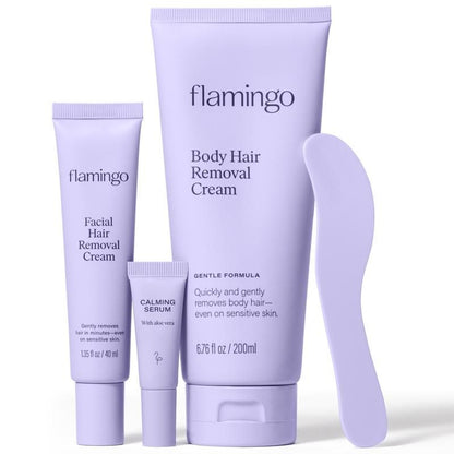 Set of Flamingo hair removal products including cream, serum, and applicator on a white background