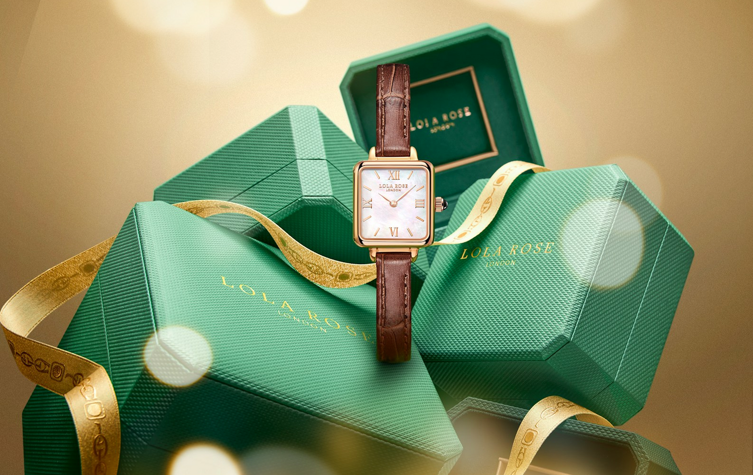 Women elegant brown leather strap square gold plated watch