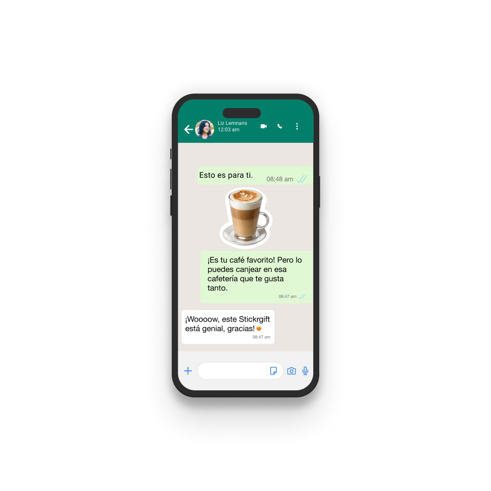 Phone screen showing a WhatsApp chat with a coffee image and text.