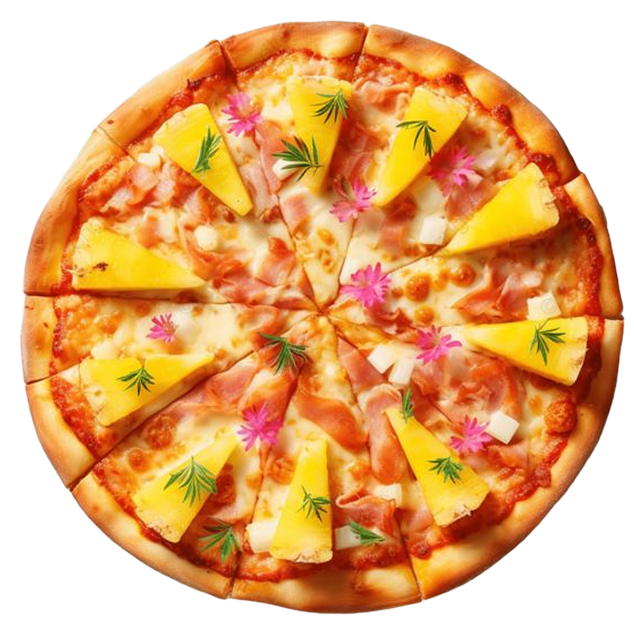 Pineapple pizza with ham and cheese on a white background