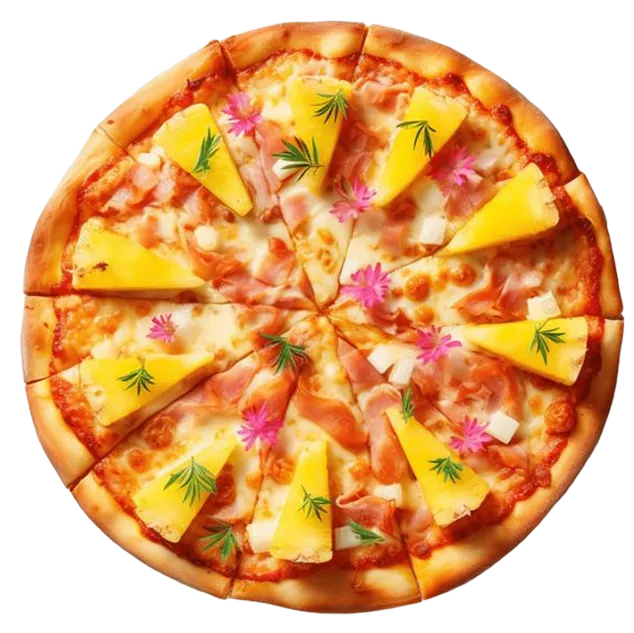 Pineapple pizza with ham and cheese on a white background