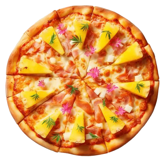 Pineapple pizza with ham and cheese on a white background