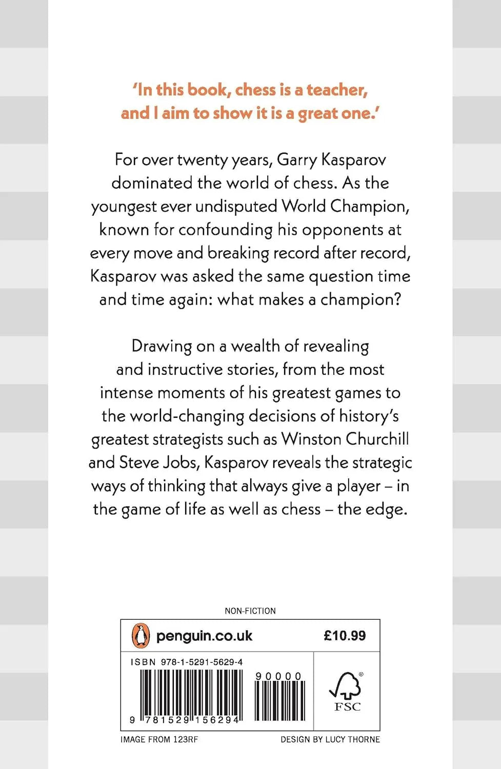 Book back cover with text about Garry Kasparov and chess, featuring a Penguin UK label.