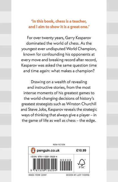 Book back cover with text about Garry Kasparov and chess, featuring a Penguin UK label.