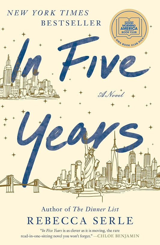 Book cover of 'In Five Years' by Rebecca Serle with a city skyline illustration.
