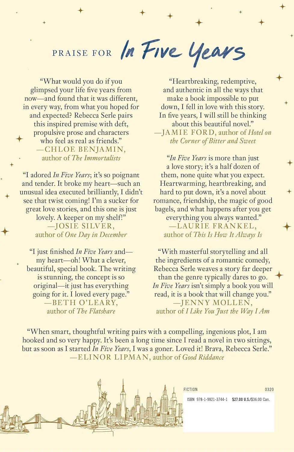 Book review page with quotes from authors praising 'In Five Years' by Rebecca Serle, featuring a city skyline illustration.