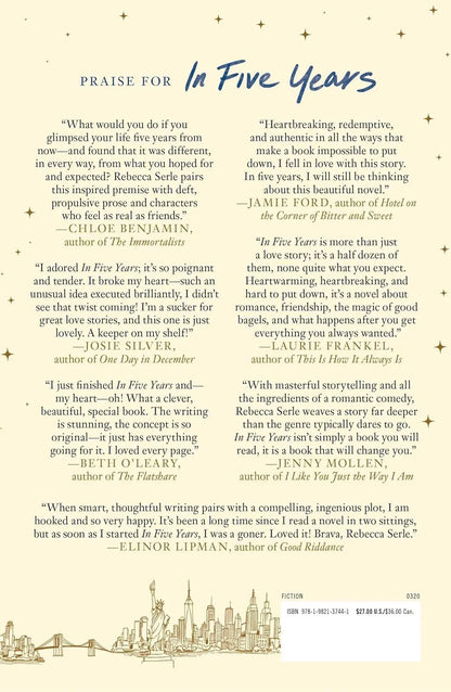 Book review page with quotes from authors praising 'In Five Years' by Rebecca Serle, featuring a city skyline illustration.