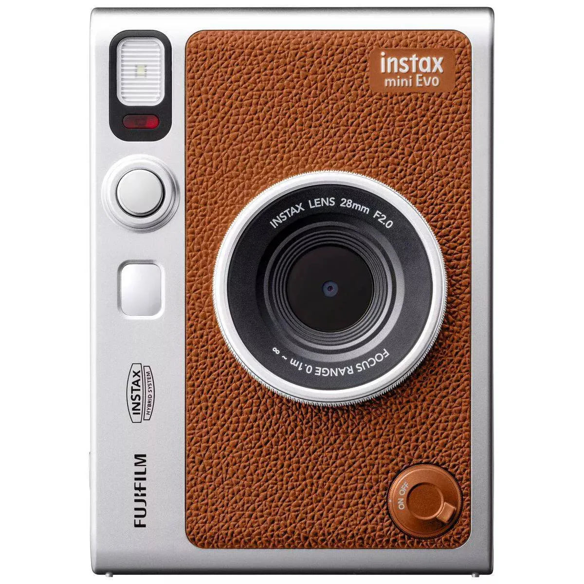 Fujifilm Instax mini Evo instant camera with brown leather texture on a white background