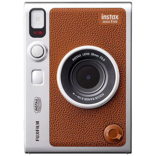 Fujifilm Instax mini Evo instant camera with brown leather texture on a white background