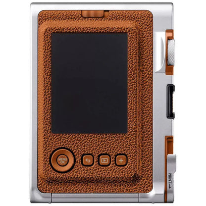 Portable device with brown leather-like casing and screen on a white background