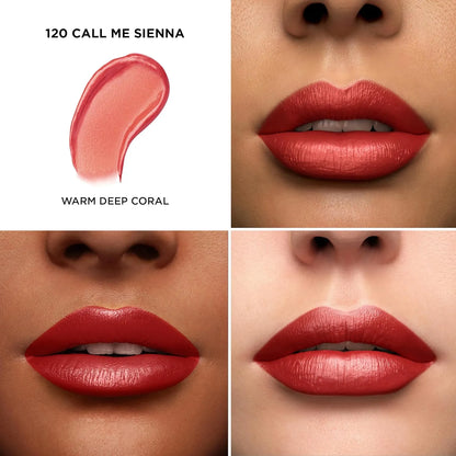 Lipstick shade swatch labeled '120 Call Me Sienna' with close-up of lips wearing the color.