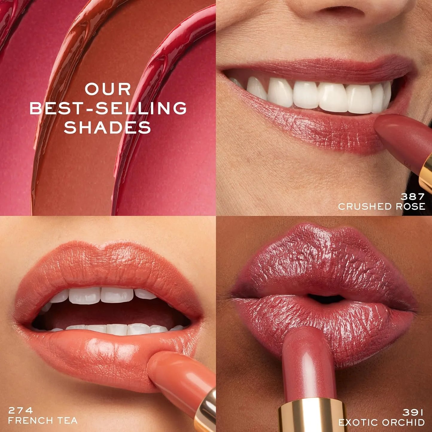 Collage of lipstick shades with close-ups on lips and text 'Our Best-Selling Shades'.
