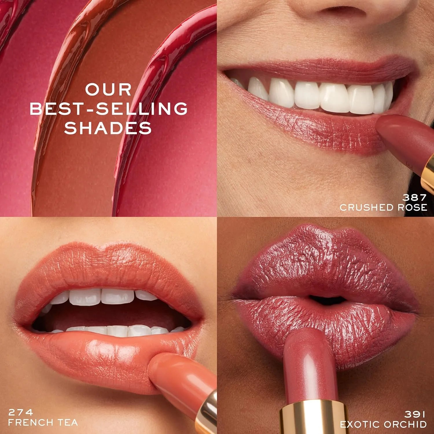 Collage of lipstick shades with close-ups on lips and text 'Our Best-Selling Shades'.