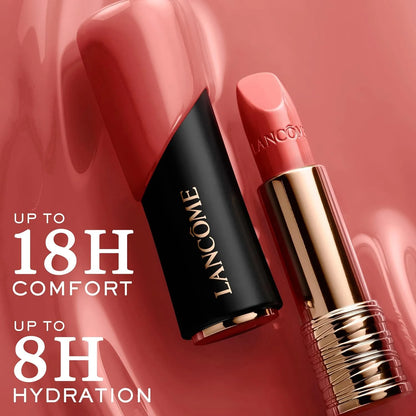 Lancome lipstick with text highlighting comfort and hydration on a red background