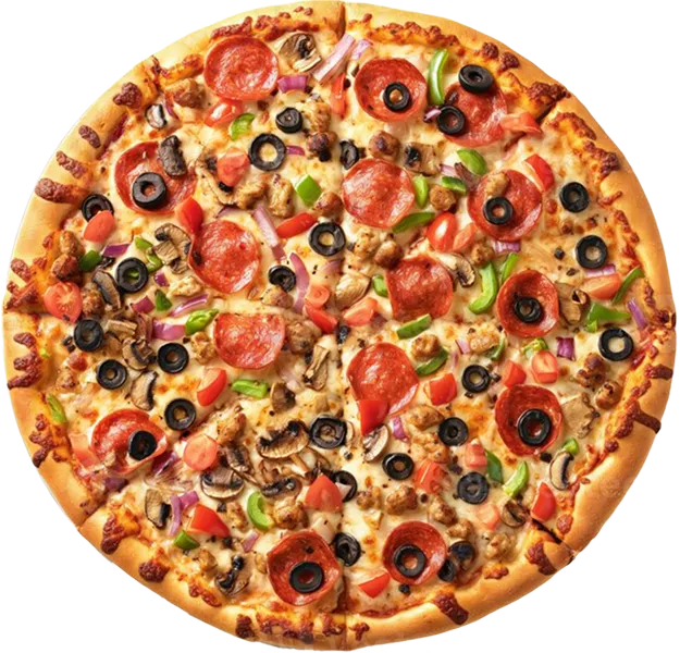 Personal-sized pizza with various toppings on a white background