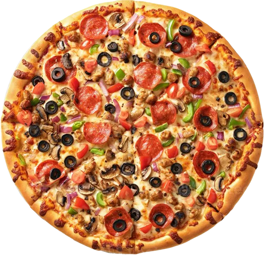 Personal-sized pizza with various toppings on a white background