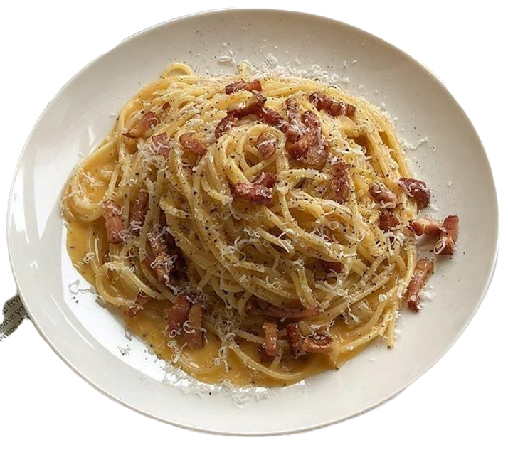 Spaghetti dish with bacon on a white plate
