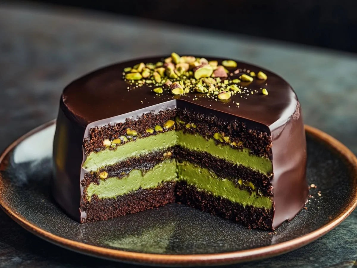 Chocolate cake with green layers on a dark plate