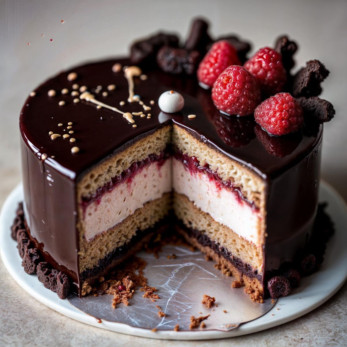 Chocolate cake with a slice cut, revealing layers of cream and berries on a plate.