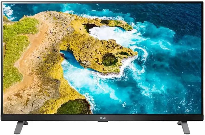 TV displaying a scenic image of a coastal landscape with blue water and green land.