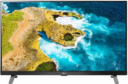 TV displaying a scenic image of a coastal landscape with blue water and green land.