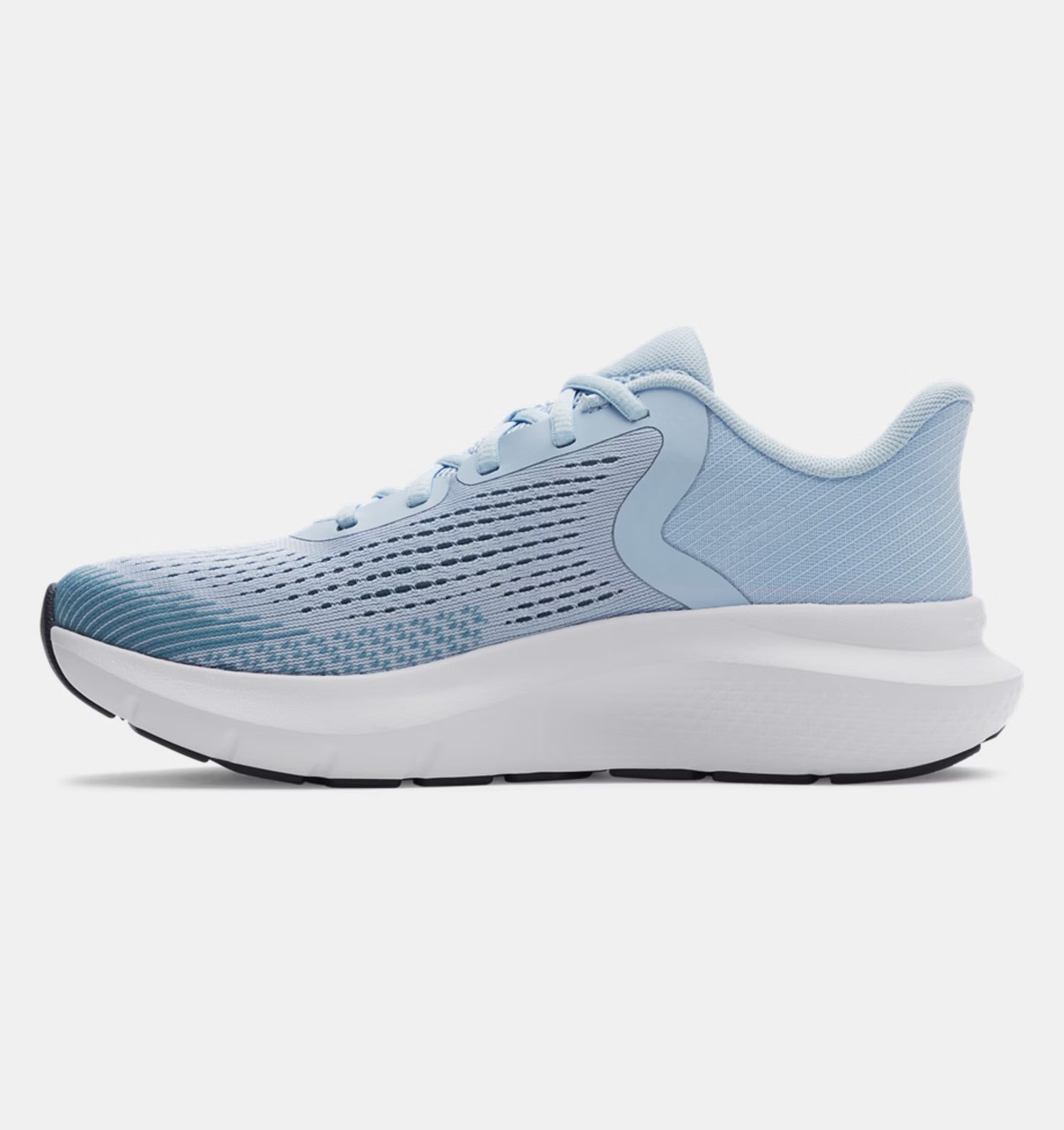 Light blue running shoe with white sole on a light gray background
