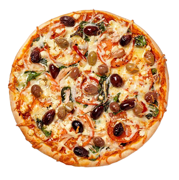 Pizza with olives and vegetables on a white background