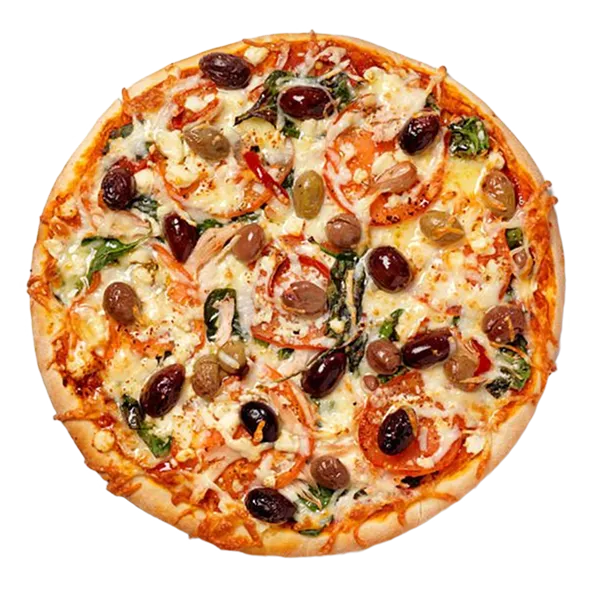 Pizza with olives and vegetables on a white background