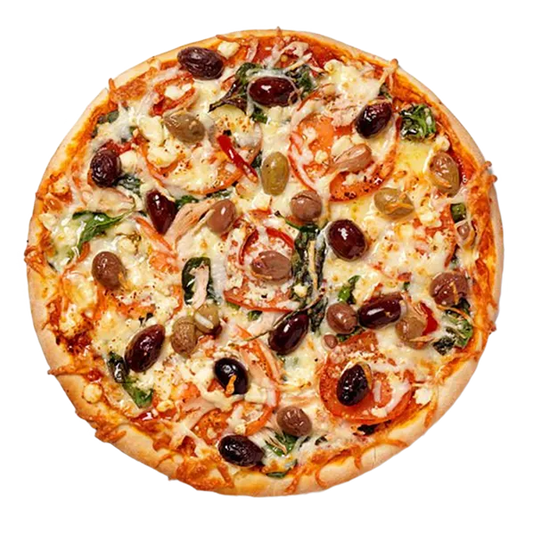 Pizza with olives and vegetables on a white background