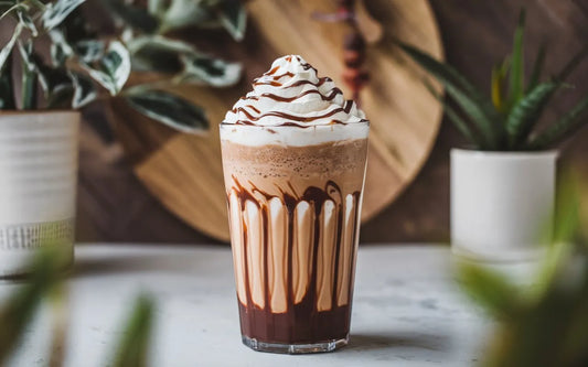 Glass of chocolate milkshake with whipped cream on a table with plants in the background