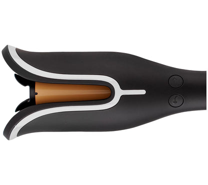 Black hair straightener with brown heating element on a white background