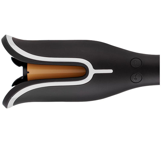 Black hair straightener with brown heating element on a white background