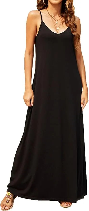 Woman wearing a black sleeveless maxi dress on a white background