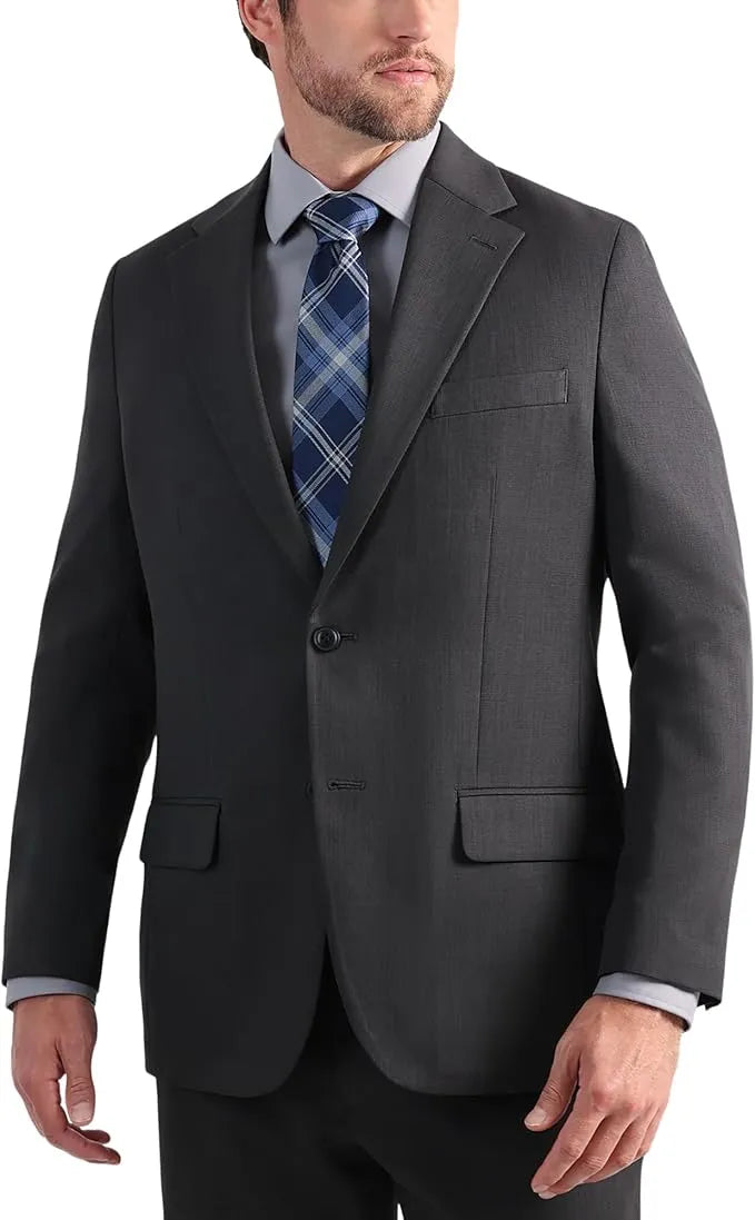 Gray suit jacket worn by a person on a white background