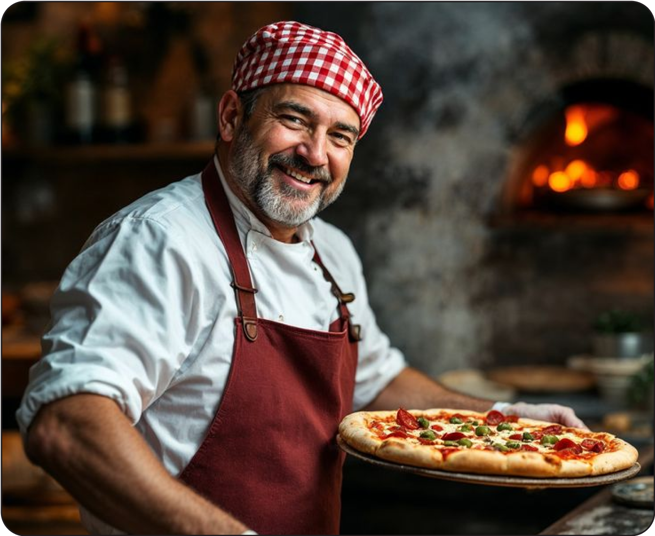 Man in a chef's outfit holding a pizza in front of a stone oven.