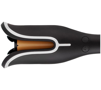 Black hair curler rod with brown heating element on a white background