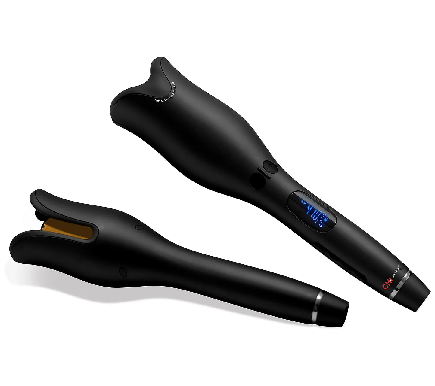 Black hair styling tool with digital display on a white background